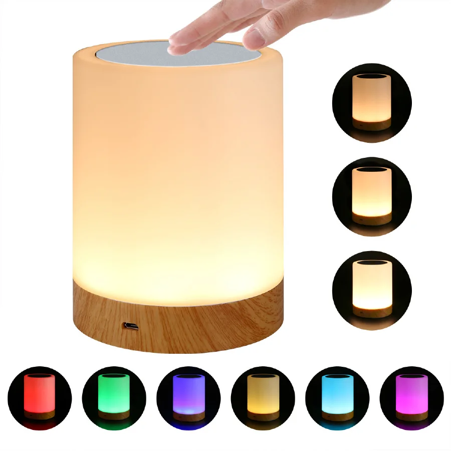 LED Touch Pat Table Lamp RGB Style Wood Grain Base USB Charging Night Lights Bedside Light Desk Lamps Indoor Lighting For Gift