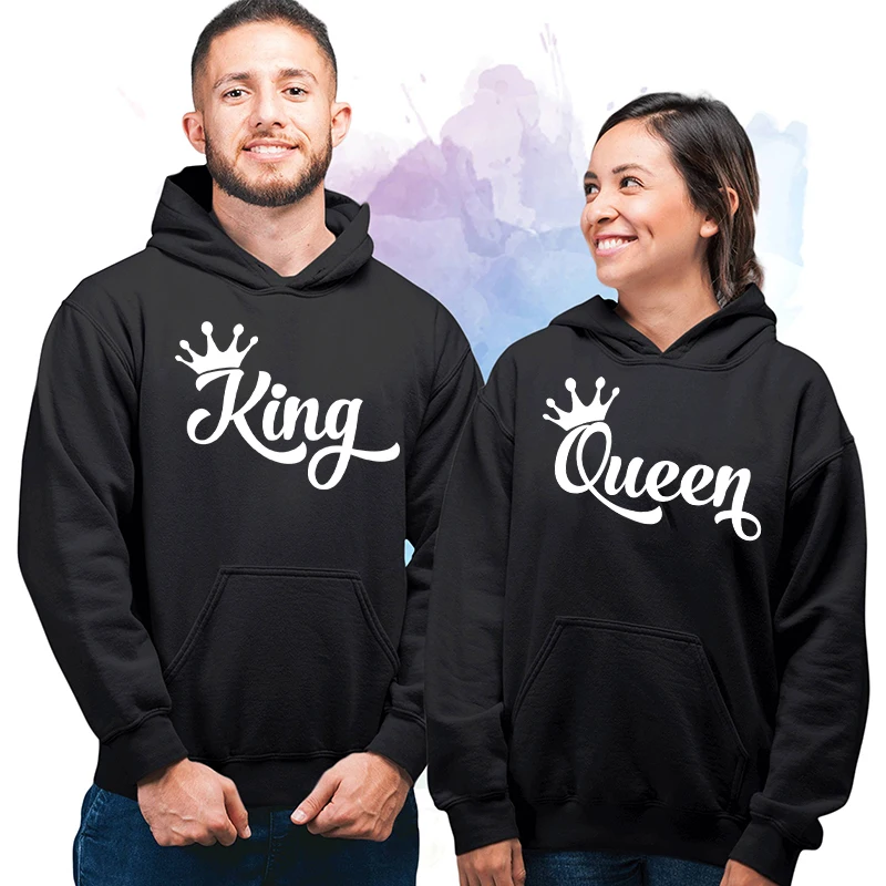 

King or Queen Letters Printed Crown Design Couple Hooded Sweatshirt Men Autumn Winter Streetwear Lover Casual Pullover Hoodies