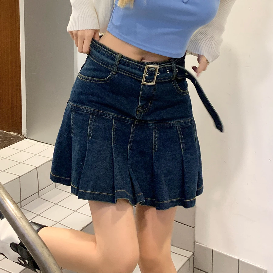 

Летняя новая синяя джинсовая юбка в стиле ретро 2023, Женская облегающая трапециевидная юбка с завышенной талией, плиссированная юбка