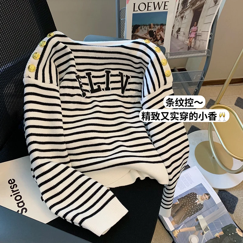 

Autumn And Winter Button Round Neck Sweater Elegant Stripe Long Sleeve Loose Pullover Vintage Harajuku Jumper Casual Knitted Top