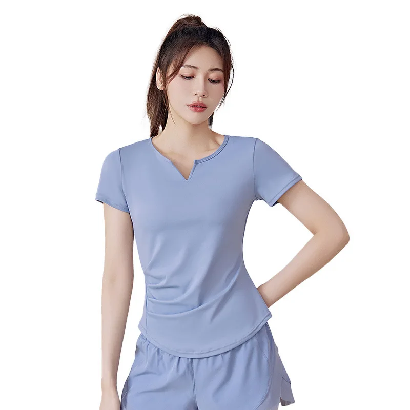 Yoga Sports T-shirt Summer V-neck Women's Quick Dry Solid Color Waist Loose Running Fitness Slimming Yoga Suit Short Sleeve Spor
