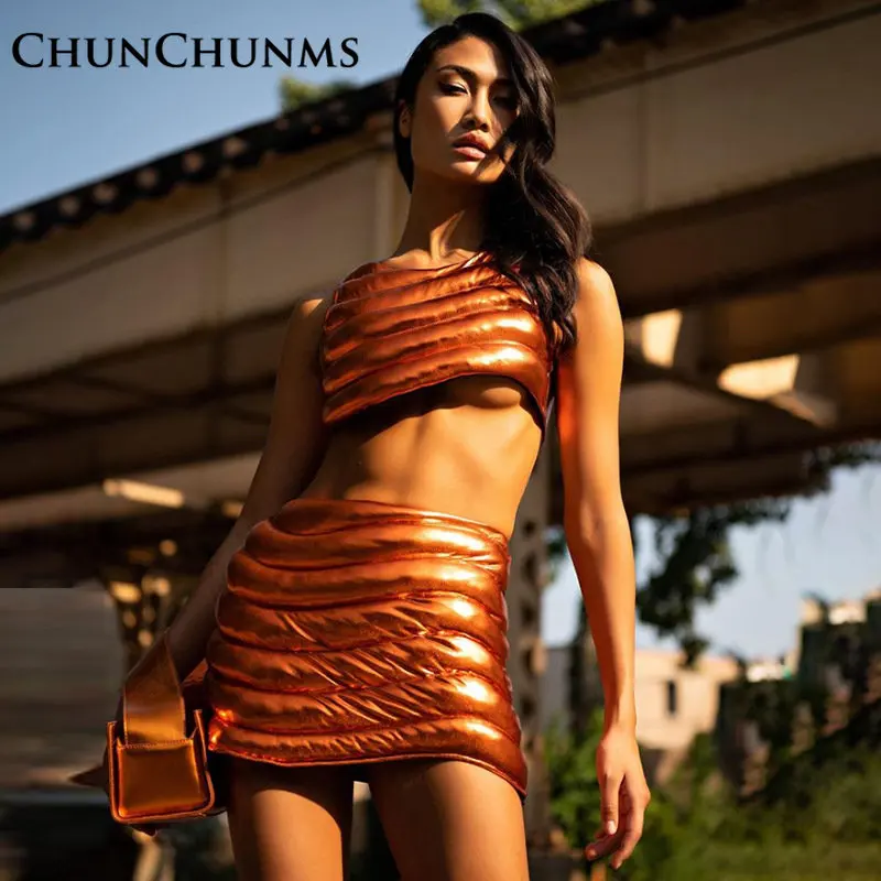 

2022 Metallic Color Fuax Leather Puff Vest Tank Pullovers Women Winter Pack Hip Short Skirt Two Piece Cotton Padded Set Outfits