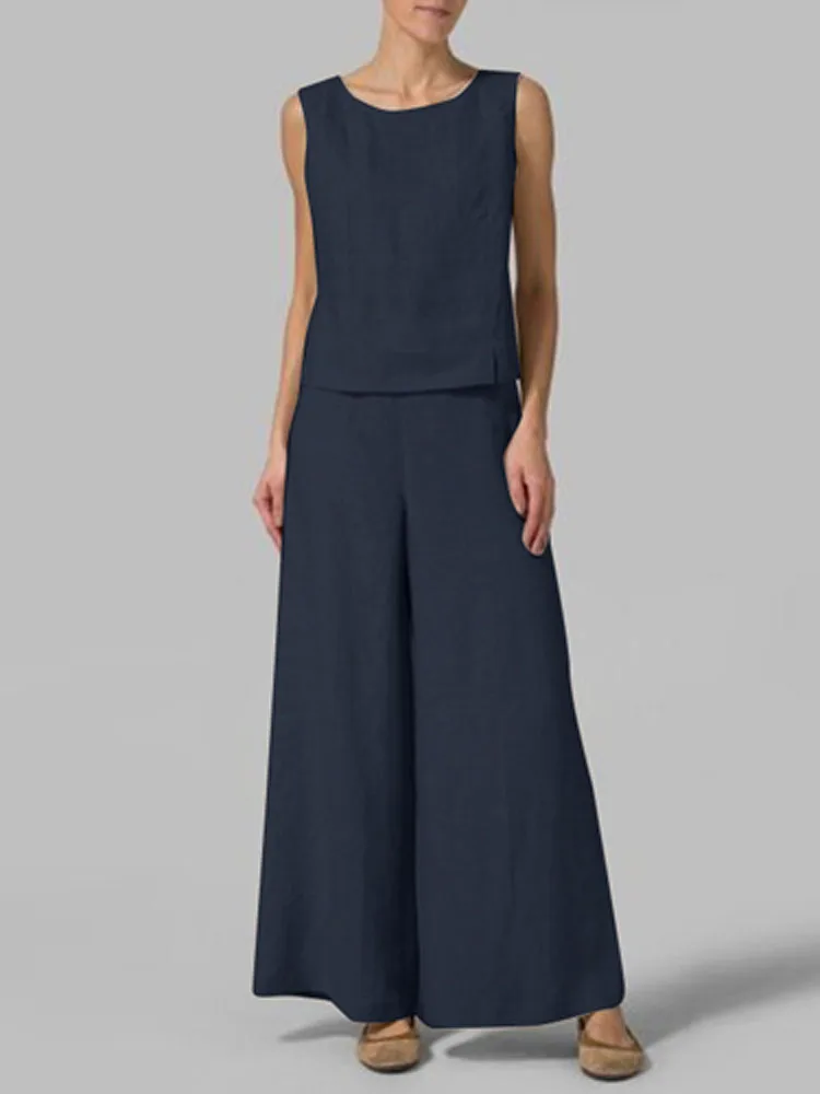 

Women Summer O Neck Sleeveless Blouse and Wide Legger Set Summer Elegant Office Two Piece Suit Casual Solid Cotton Linen Outfits