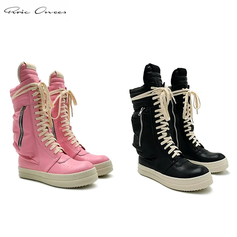 

Rick RO High Top Boots Women Boots Men's Owens Shoes Leather Boots Couple Casual Sneaker Workwear Plus Velvet Pink Walking Shoes