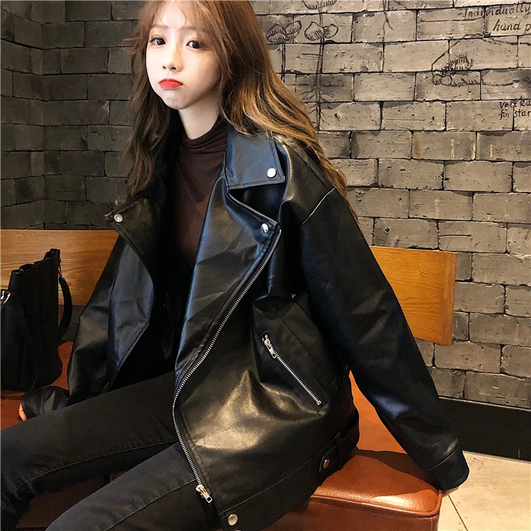 Spring Autumn Faux Leather Jacket Women Casual PU Loose Motorcycle Jackets Female Streetwear Oversized Coat Korean black top