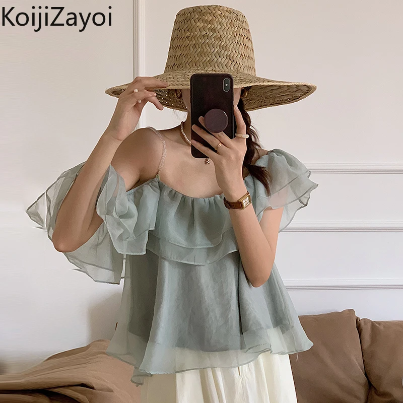 

Женская однотонная Тонкая блузка с оборками Koijizayoi, модная женская шикарная Корейская рубашка, пикантная блузка с открытыми плечами, шикарн...