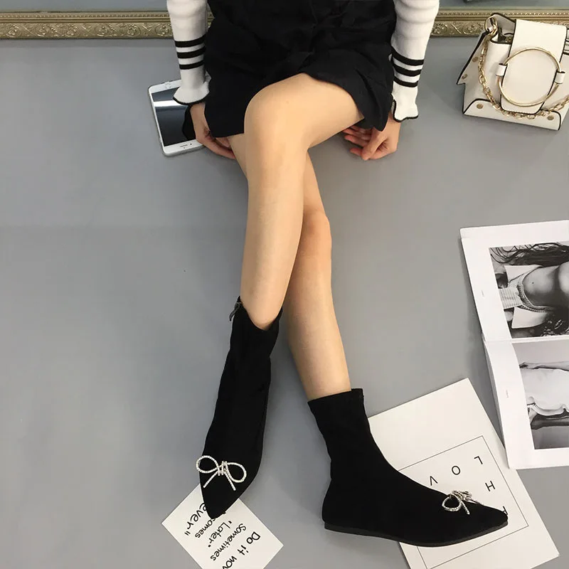Glitter Crystal Bow-knot Flat Heels Chelsea Boots Women Slim Black Socks Botas Pointed Toe Side Zipper Ankle Short Botines Femme