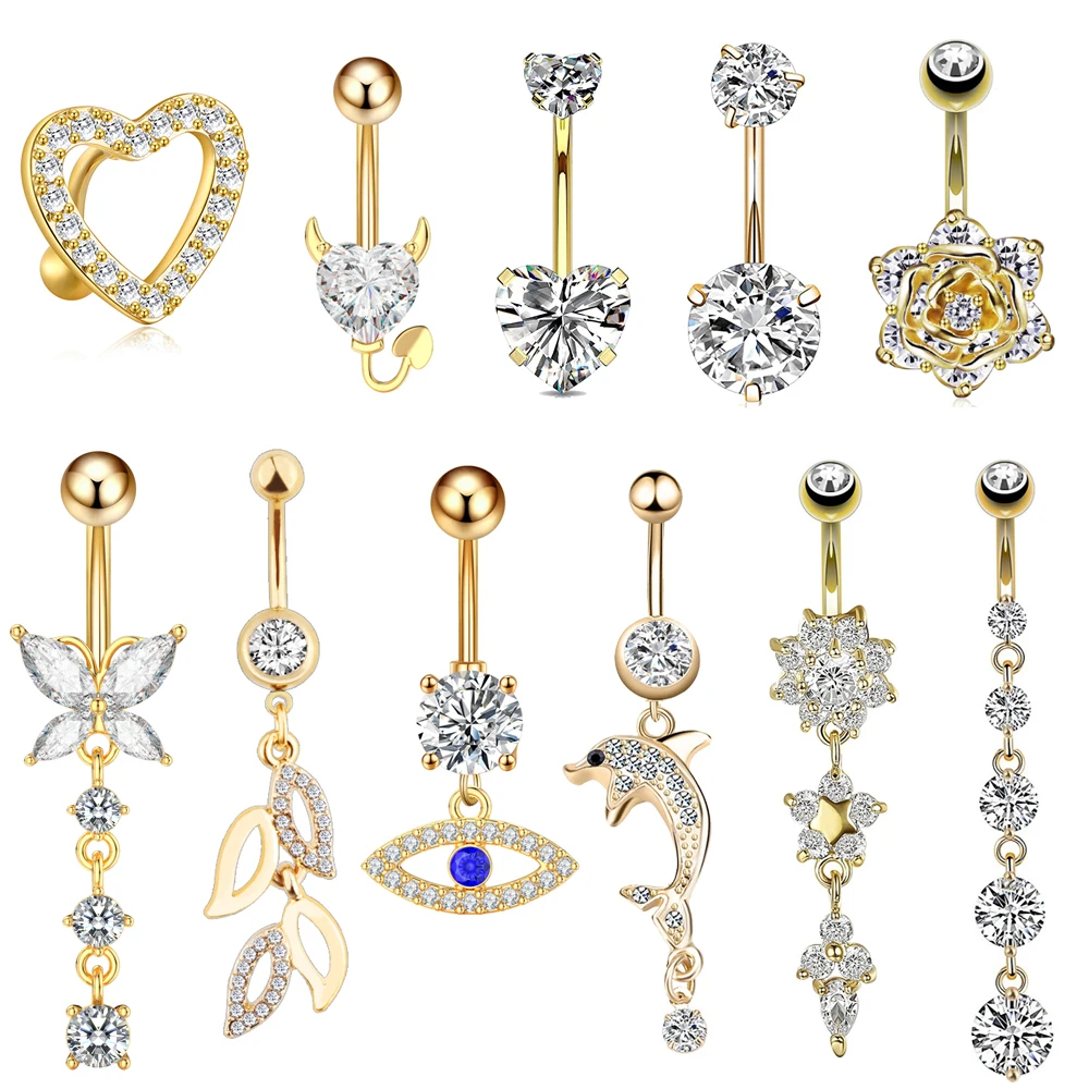 1Pc Color Oro Serie Crystal Belly Button Rings Snake Flower Heart Belly Ring Per Le Donne Piercing All'Ombelico Dangled In Acciaio Inossidabile