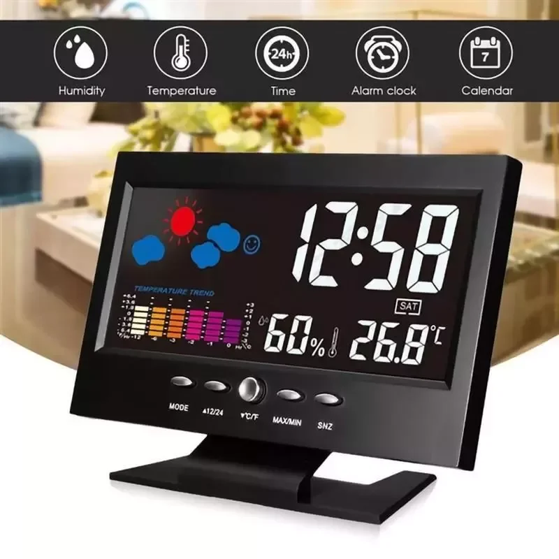 

Calender Clocks Clock Digital LCD Hygrometer Indoor Rooms Snooze Sound-Control Backlight with Color Weather Forecast