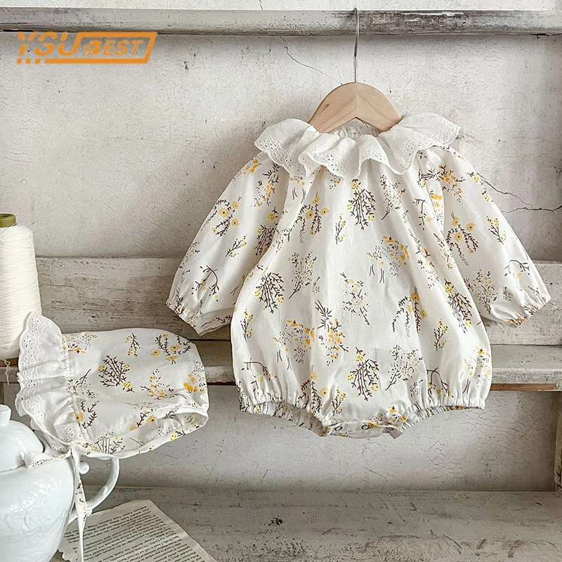

Spring Toddler Kids Baby Rompers Infant Baby Girls Long Sleeve Floral Jumpsuit + Hat Baby Girls Rompers Children Clothes