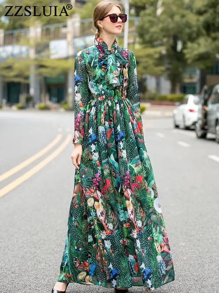 

ZZSLUIA Maxi Long Dresses For Women Printed Scarf Designer Slim Long Sleeve Elegant Dress Fashion Bohemia One Piece Female Cloth