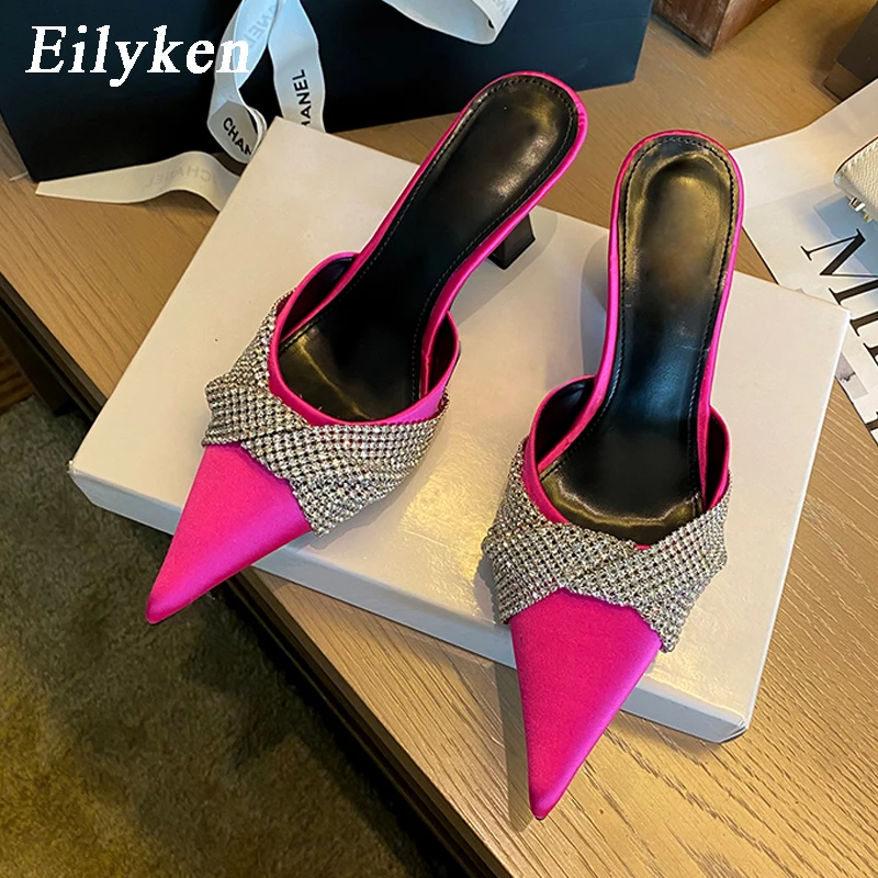 

Eilyken 2022 Стразы с острым носком; Женские тапочки; Модная брендовая обувь без шнуровки; Туфли без задника, на каблуке-столбике, на среднем каблу...