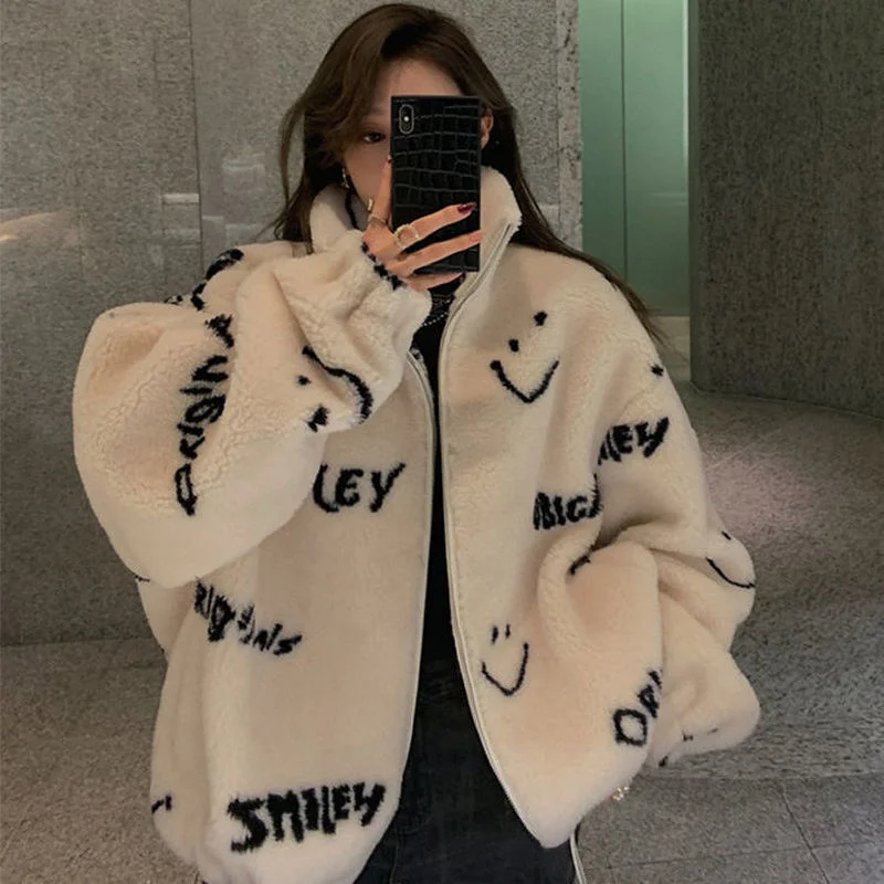 Oversized Faux Fur Woolen Warm Women Jacket Lamb Wool Winter Coat White Black 2021 Korean Chic Kawaii Parkas Stand Collar Coats