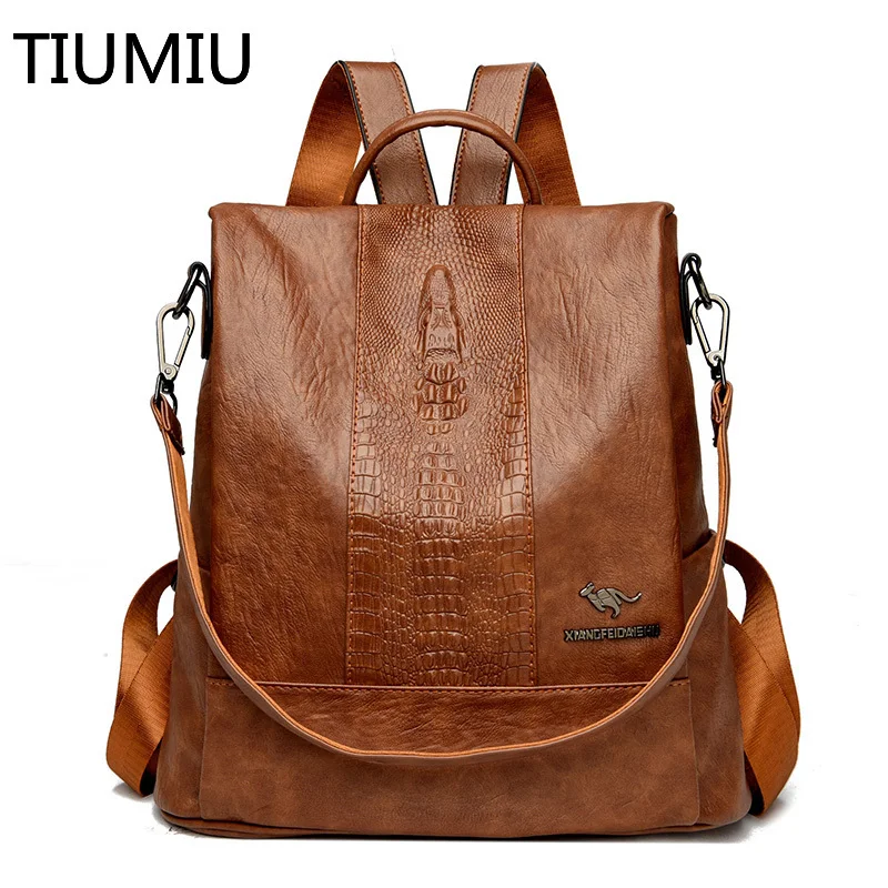 

High Quality Soft Leather Ladies Backpack Fashion Crocodile Pattern Women's School Bag Solid Color Retro Casual Travel Backpacks