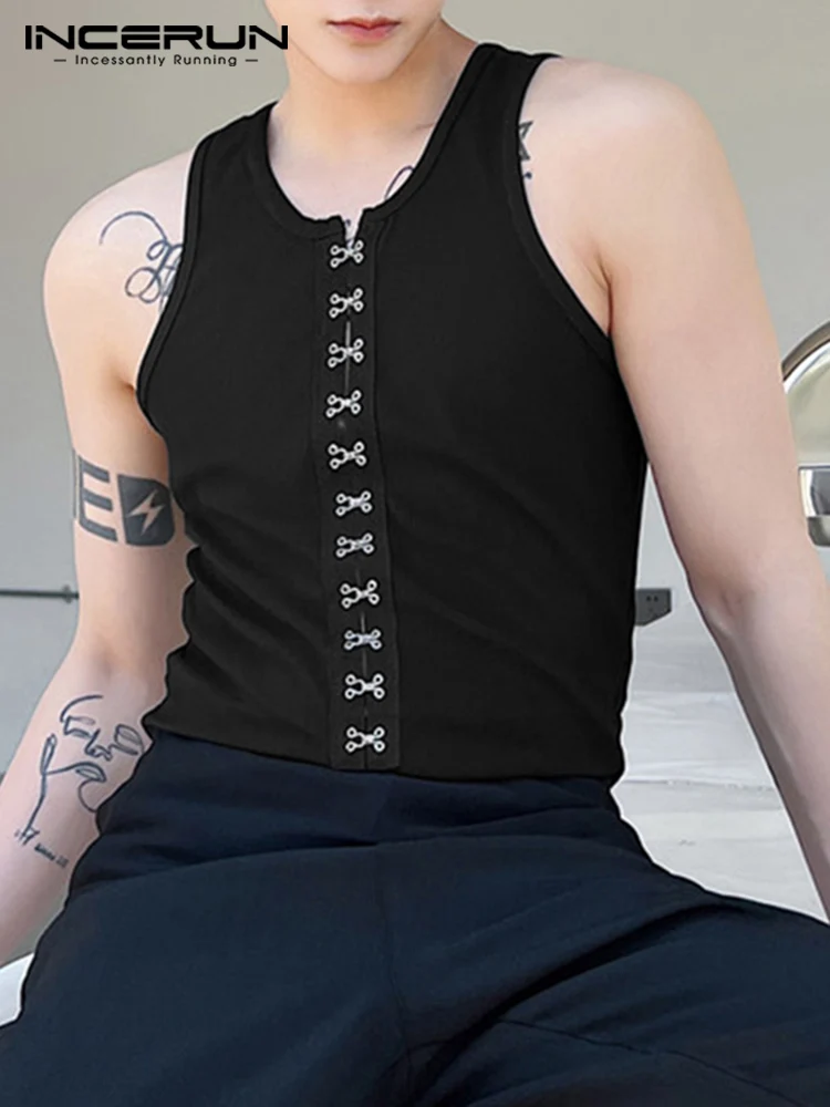 

Men Tank Tops O-neck Sleeveless Streetwear 2022 Button Summer Casual Vests Fitness Korean Fashion Men Clothing S-5XL INCERUN