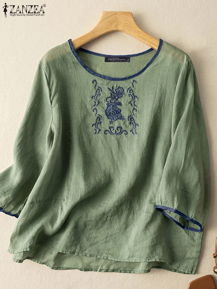 

Рубашка ZANZEA с рукавом 3/4, однотонная блузка из хлопка и льна с вышивкой, летняя блузка с круглым вырезом 2023, Свободные повседневные женские блузы в стиле ретро
