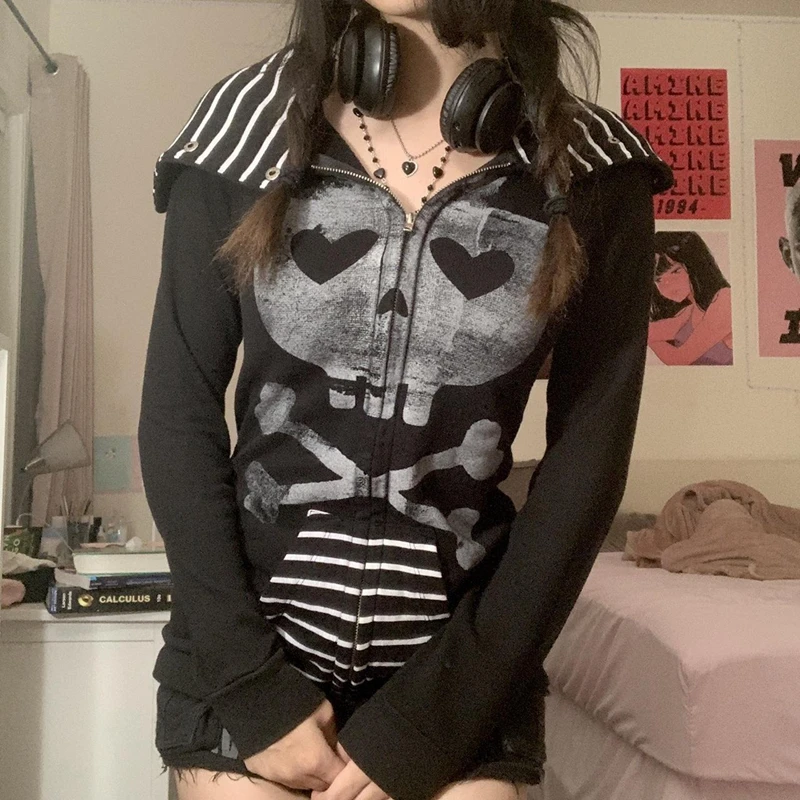 E-girl-Sudadera con capucha de manga larga para mujer, prenda de vestir con estampado de calavera gótica Grunge, Estilo Vintage Y2K, con cremallera, ropa de estética Retro de los años 2000