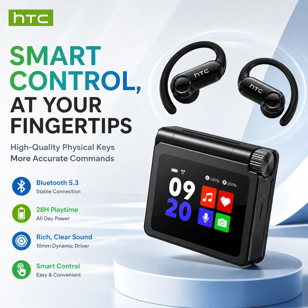Фото Беспроводные наушники HTC NE80 Bluetooth с LED-дисплеем, сенсорным управлением, открытой конструкцией, длительным временем автономной работы, для спорта №1