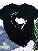 cat sleeping on moon print t shirt women short sleeve o neck loose tshirt summer women tee shirt tops camisetas mujer
