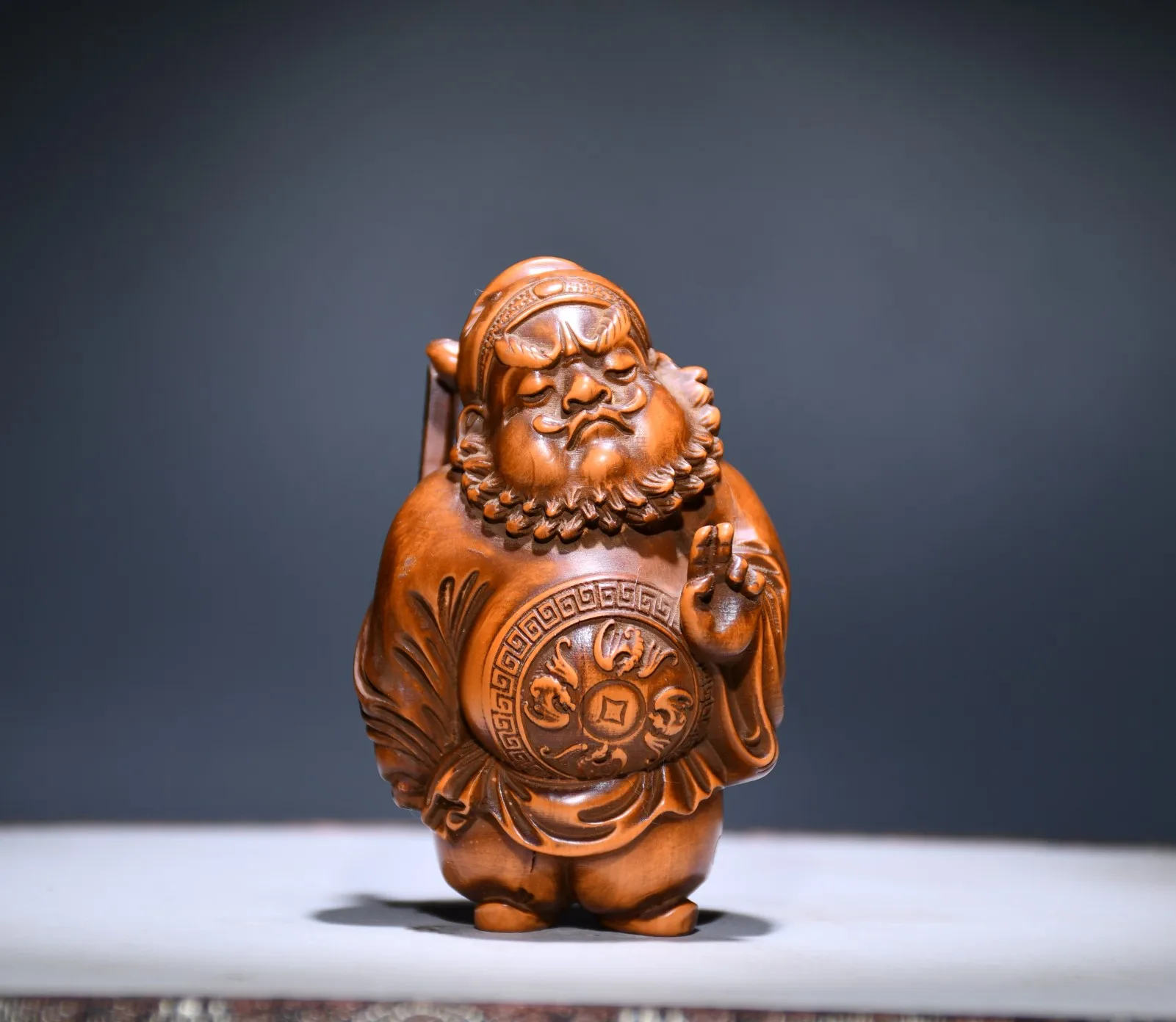 

3"Chinese Folk Collection Boxwood Zhong Kui conquers the devil Master of Exorcism office ornament Town house Exorcism