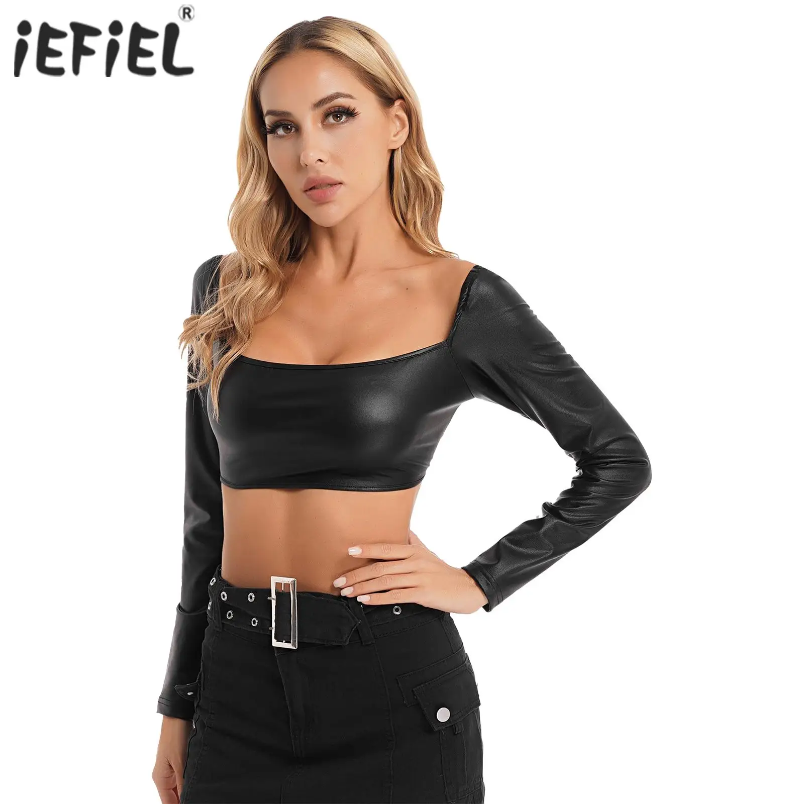 

Womens Fashion Metallic Long Sleeve Crop Top Fashion Slim Fit Square Neck T-shirt Tops for Party Club Music Festival Performance