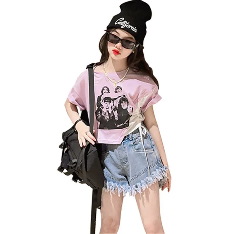 

Новинка 2023, комплекты летней одежды для девочек-подростков, детская Необычная футболка с коротким рукавом и шорты, Детская модель 4, 5, 6, 7, 8