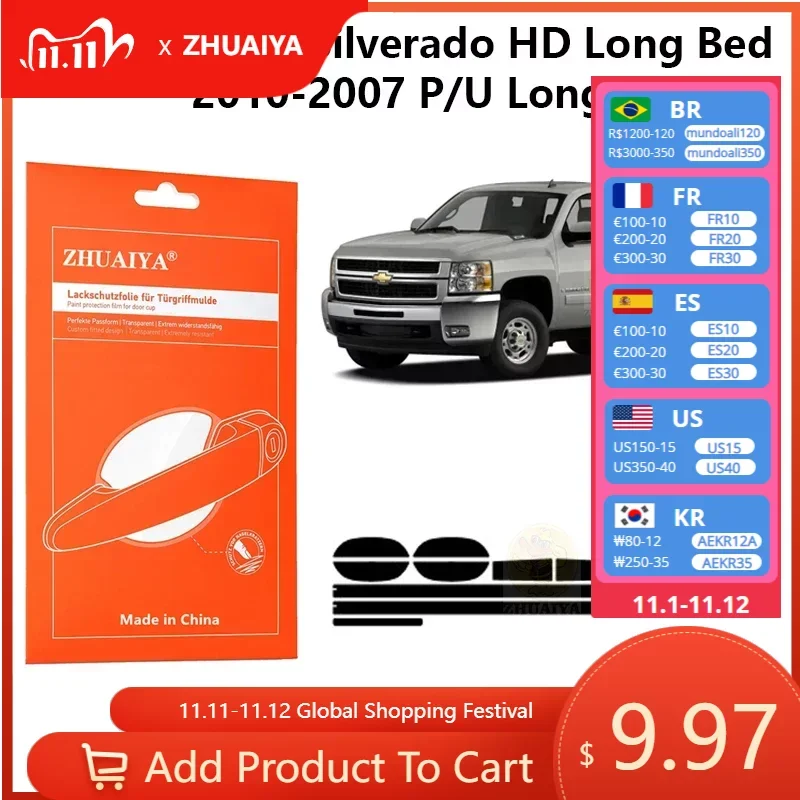 

Защитная пленка на края дверной ручки, защитная пленка для краски из ТПУ для Chevrolet Silverado HD, длинная фотопленка/U, длинная