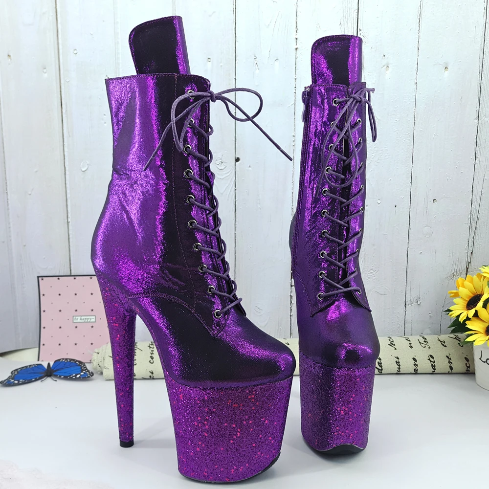 Leecabe 20CM/8inches Pole dancing shoes purple glitter High Heel platform Boots Closed toe Pole Dance boots