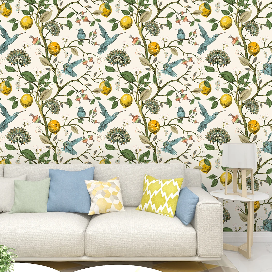 

Blue Bird Self Adhesive Wallpaper Fresh Lemon Tree Peel and Stick Wallpaper Removable Waterproof Prepasted Wallpaper Wall Mural