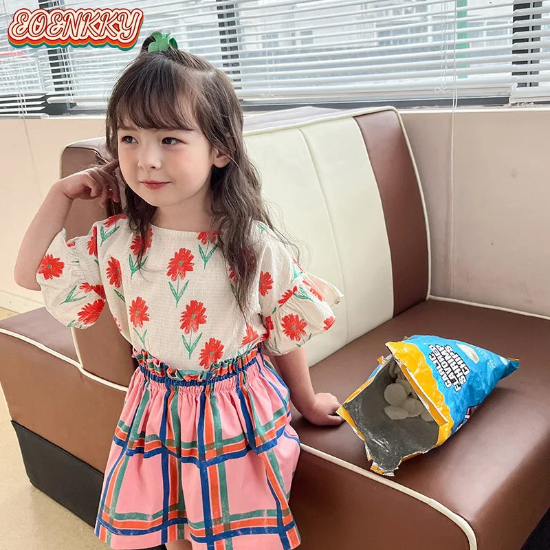 Клетчатая юбка комплекты для девочек BC свободные рубашки и блузки с вышивкой