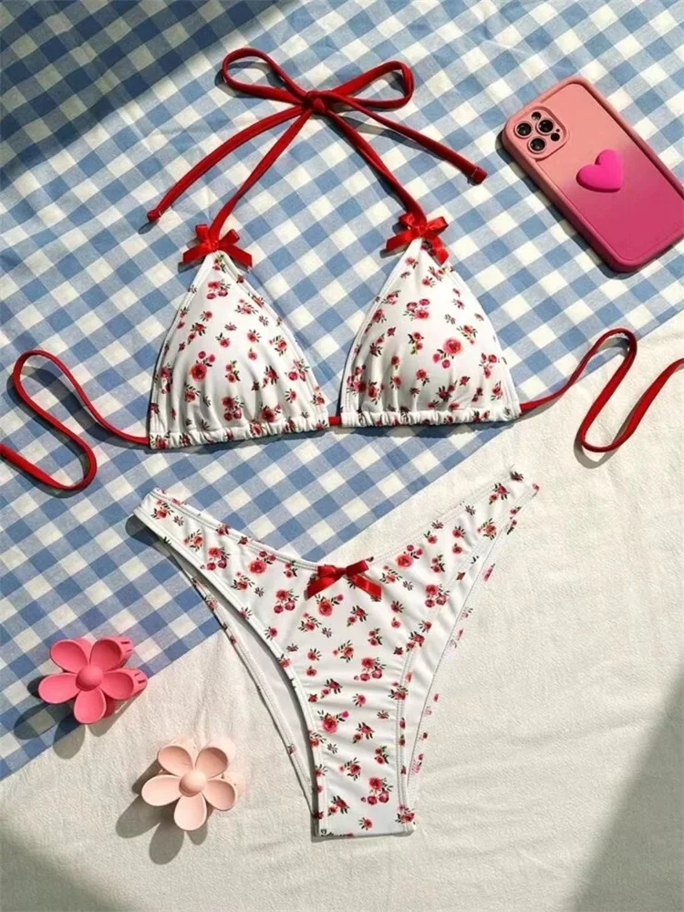 Треугольный комплект бикини бандажный купальник с цветочным принтом женский