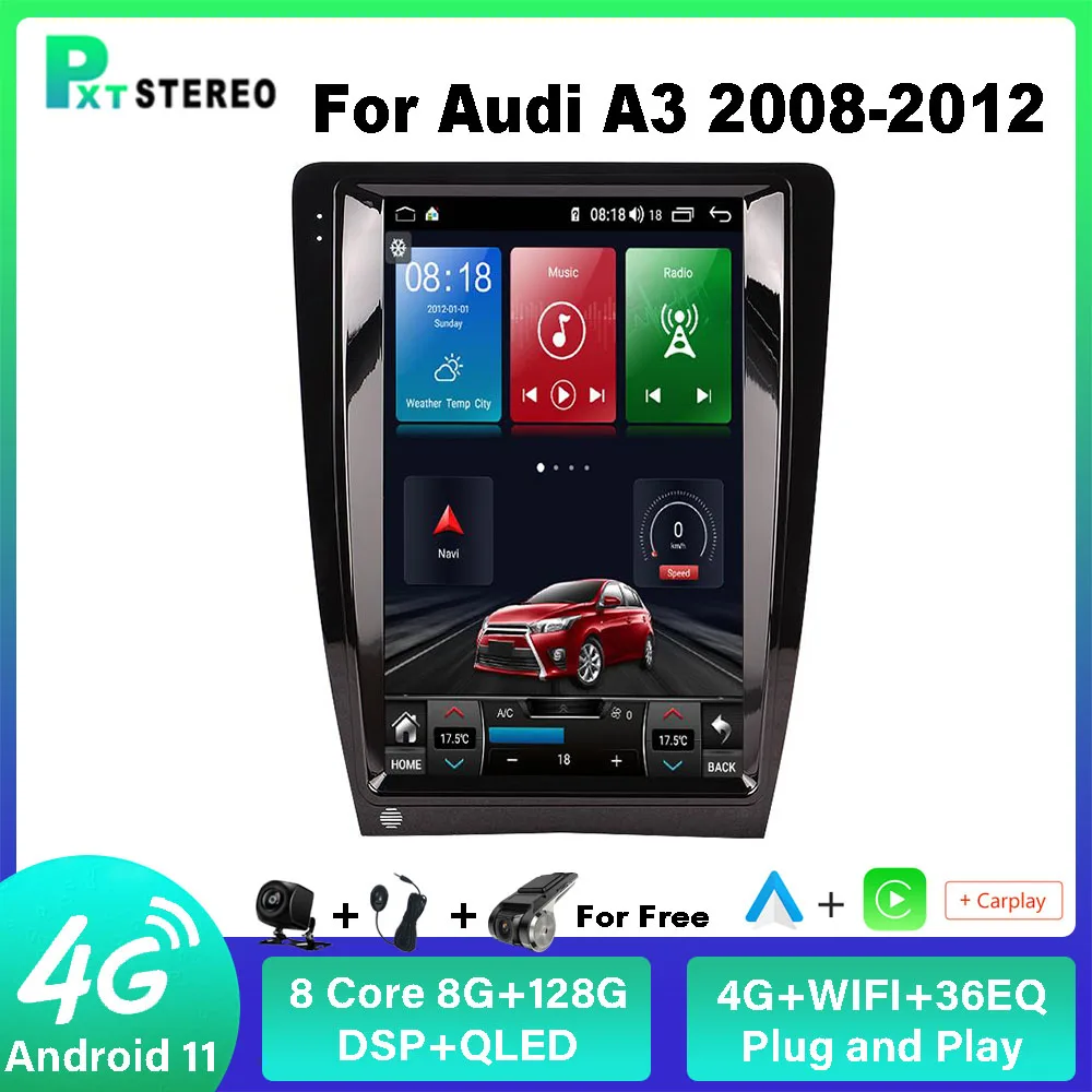 

Pxton Android Car Radio Stereo Tesla Screen Multimedia Player For Audi A3 2008-2012 Carplay Auto 8G+128G 4G WIFI DSP Head Unit