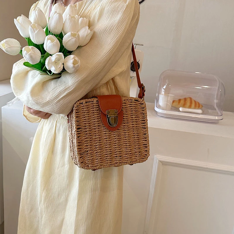 Women Square Messenger Bag Female Brand Designer Shoulder Bags Summer Travel Beach Bag for Girls Straw Bags Handbags Sac 2023