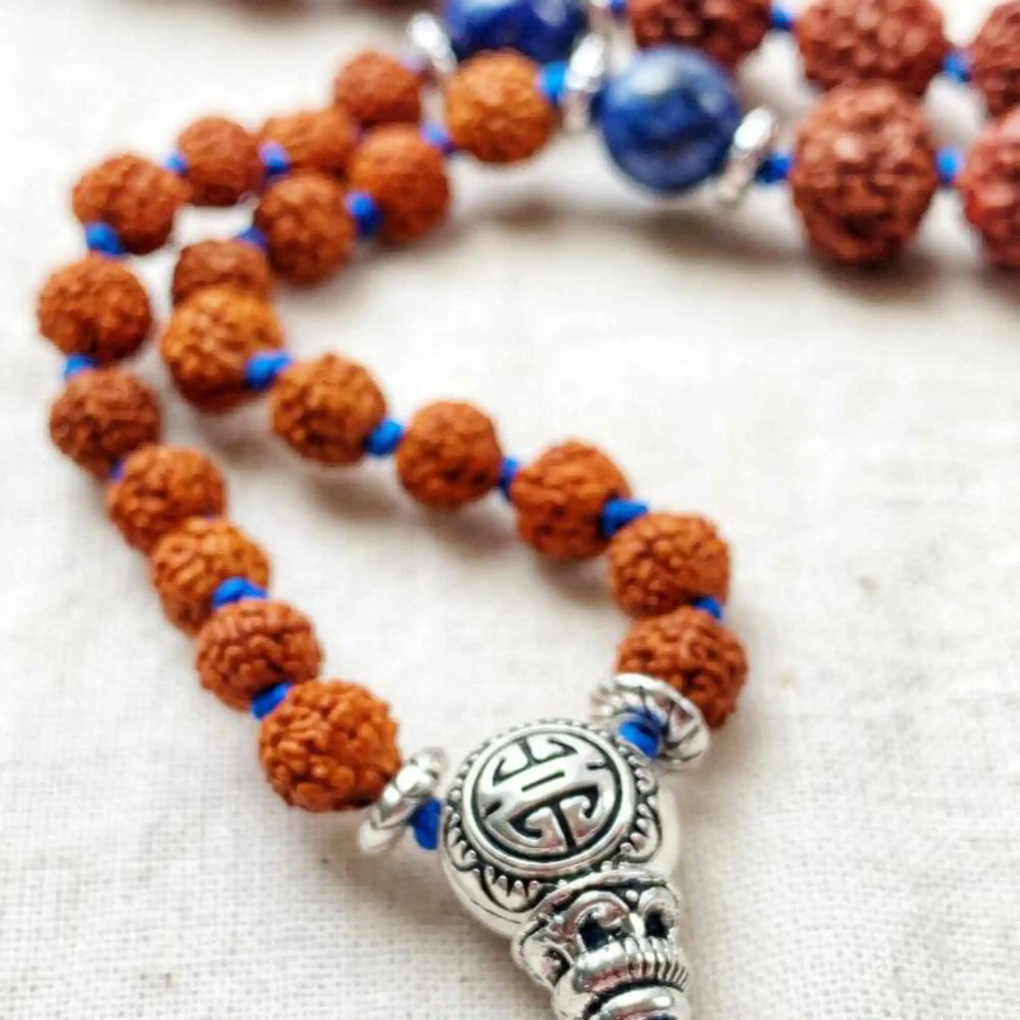 

6-8mm brown round Rudraksha Lapis Lazuli beads 108 knot necklace Chain Yoga Beaded National Style Thanksgiving Day Seven Chakras