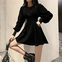 qweek autumn black mini dress 2021 spring fashion korean style wrap long sleeve pleated dress casual wrap streetwear women kpop