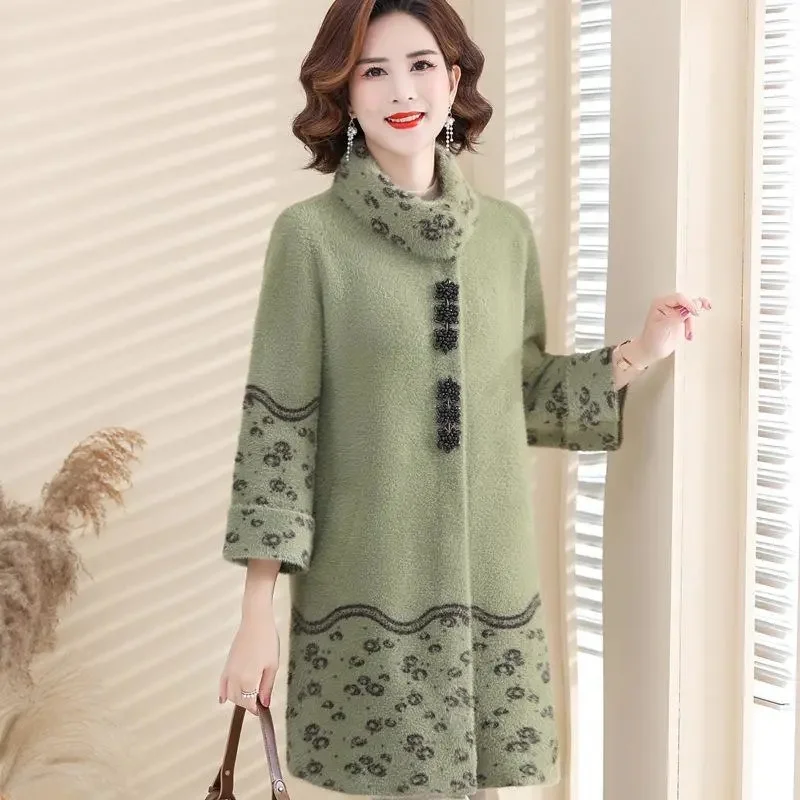 

Mom Autumn Winter Female 2023New Thickened Mink Fleece Outcoat Medium Long Foreigner Noble Coat Middle Old Age Women Woolen Coat