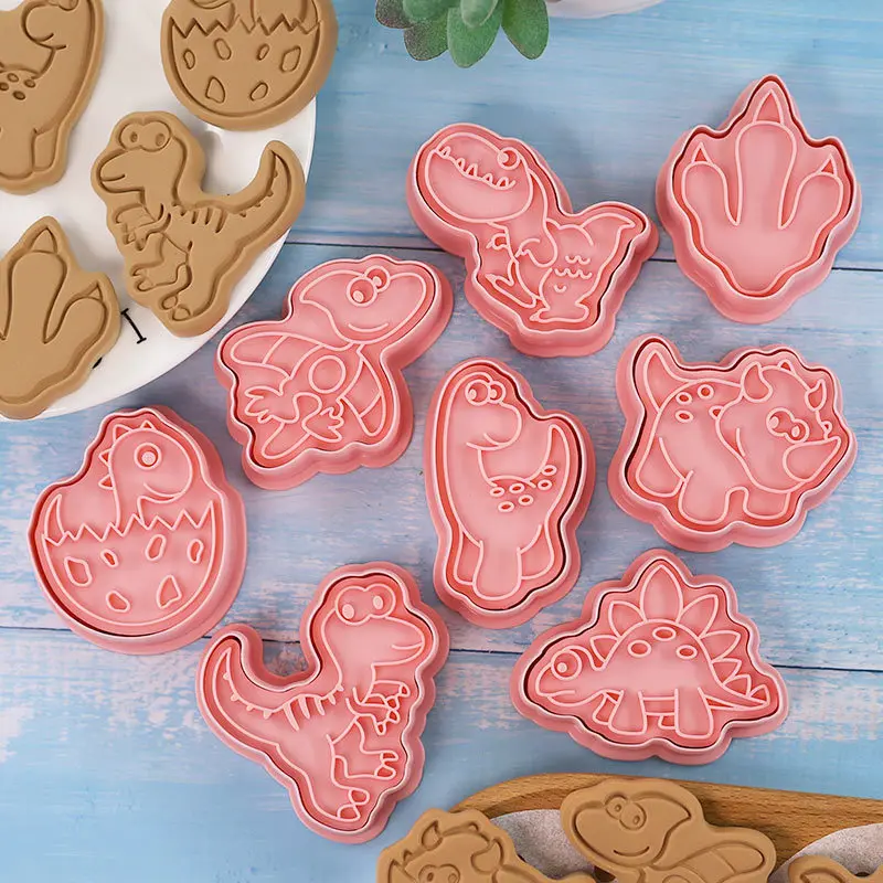 

Cartoon Dinosaur Cookie Mold Set 8Pcs Plastic Cookie Cutter Biscuit Stamp Mold 3D Pressable Fondant Cake Baking Pastry Tools