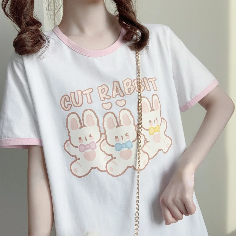 

Summer Japan Harajuku Student T-shirt Women Kawaii Cartoon Rabbit Print Short Sleeve Tops Girls Casual Loose Sweet Tee Tshirts