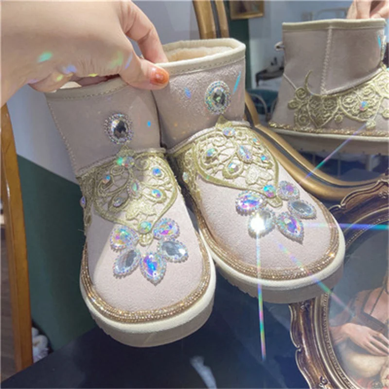 

Handmade Rhinestone Snow Boots Versatile Casual Fur One Short Cotton Boots Round Toe Warm Cotton Shoes 37