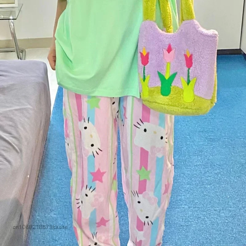 Sanrio Hello Kitty Summer Clothes Female Harajuku Kawaii Pajama Pants Women Casual Wide Leg Pants Y2k Soft Thin Fashion Trousers