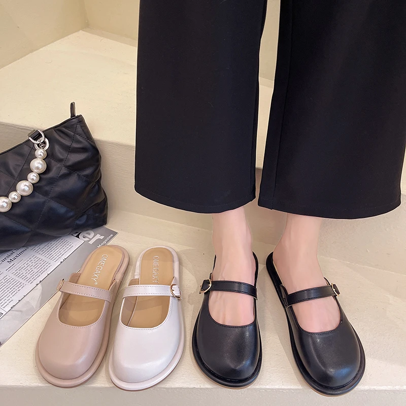 

Женские мюли, мягкие туфли с закрытым носком, роскошные сланцы, удобные туфли на плоской подошве, новинка 2022, римские базовые туфли из искусс...