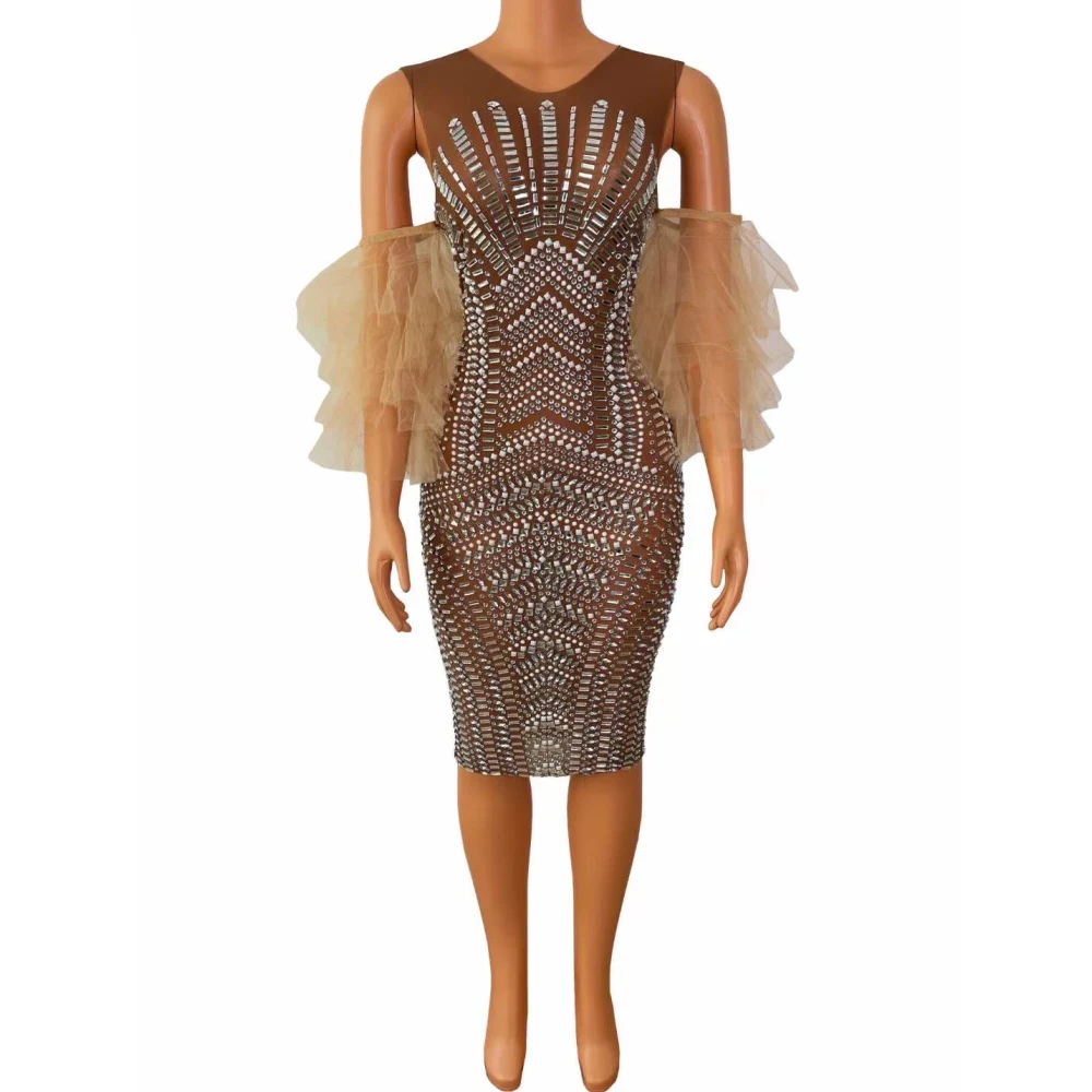 

Brown Shining Rhinestones Sexy Gauze Sleeveless Sexy Women Dress Evening Party Clothing Concert Perform Singer Costumes