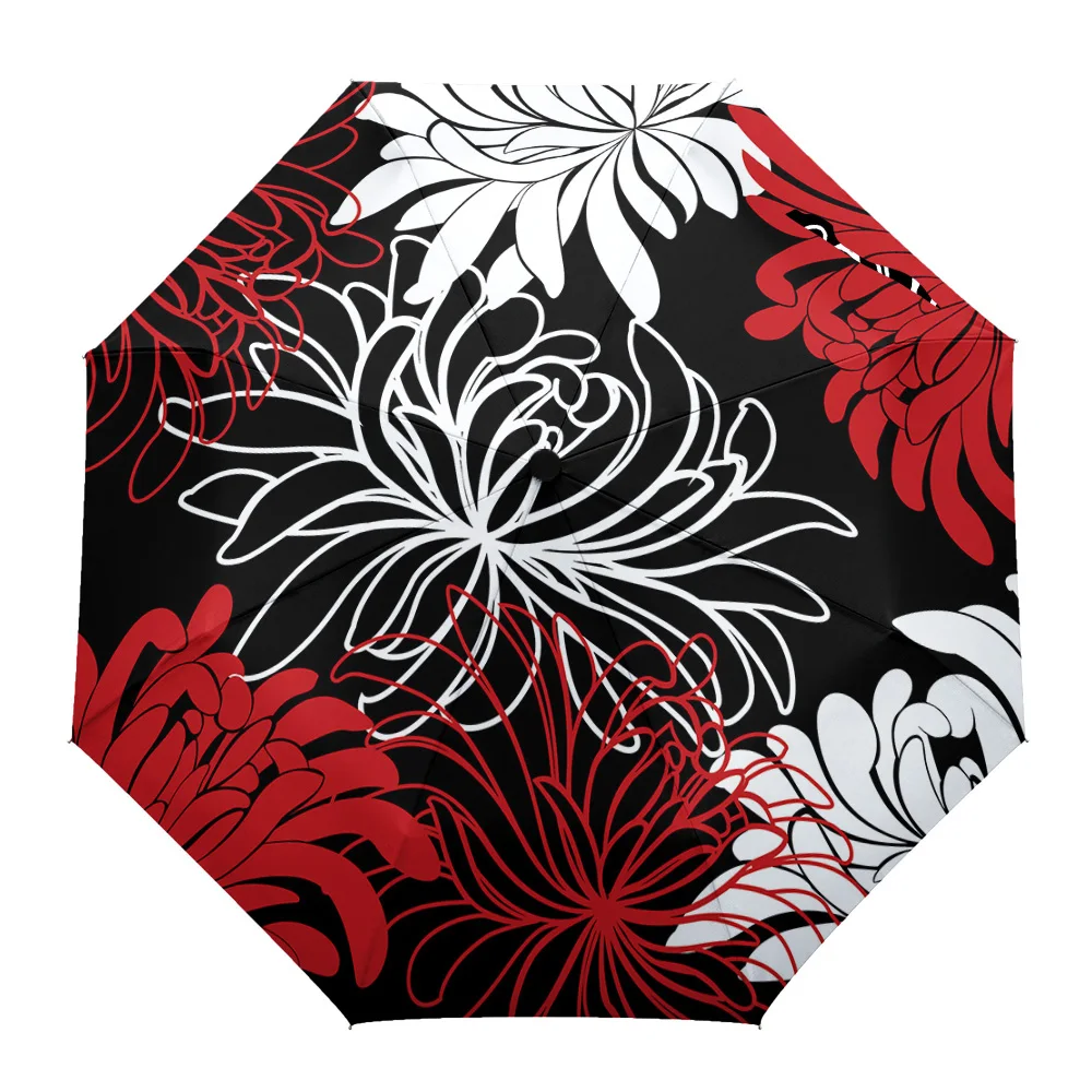 

Flower Red White Black Chrysanthemum Creative Umbrella Rain Women Automatic Three Folding Umbrellas Windproof Parasol Parapluie