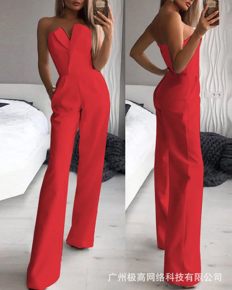Sexy Sleeveless White Red Wide leg Jumpsuits 2022 Summer New Elegant Slim Office Lady Black  Strapless Jumpsuits for women