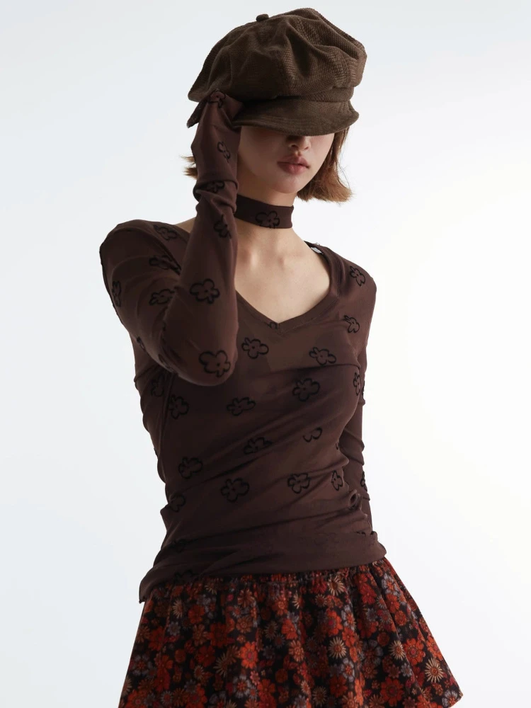 Harajuku See Through Mesn Шарф Топы Женская Цветочный Принт Y2k Эстетическая Футболка Винтаж