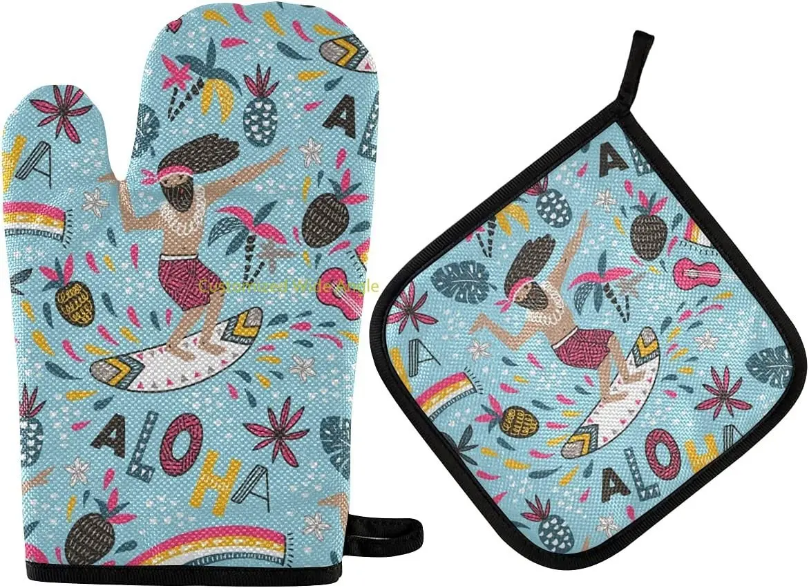 

Hawaii Surfers Oven Mitts and Pot Holders Insulated Gloves & Kitchen Counter Safe Mats for Cooking BBQ Baking Grilling