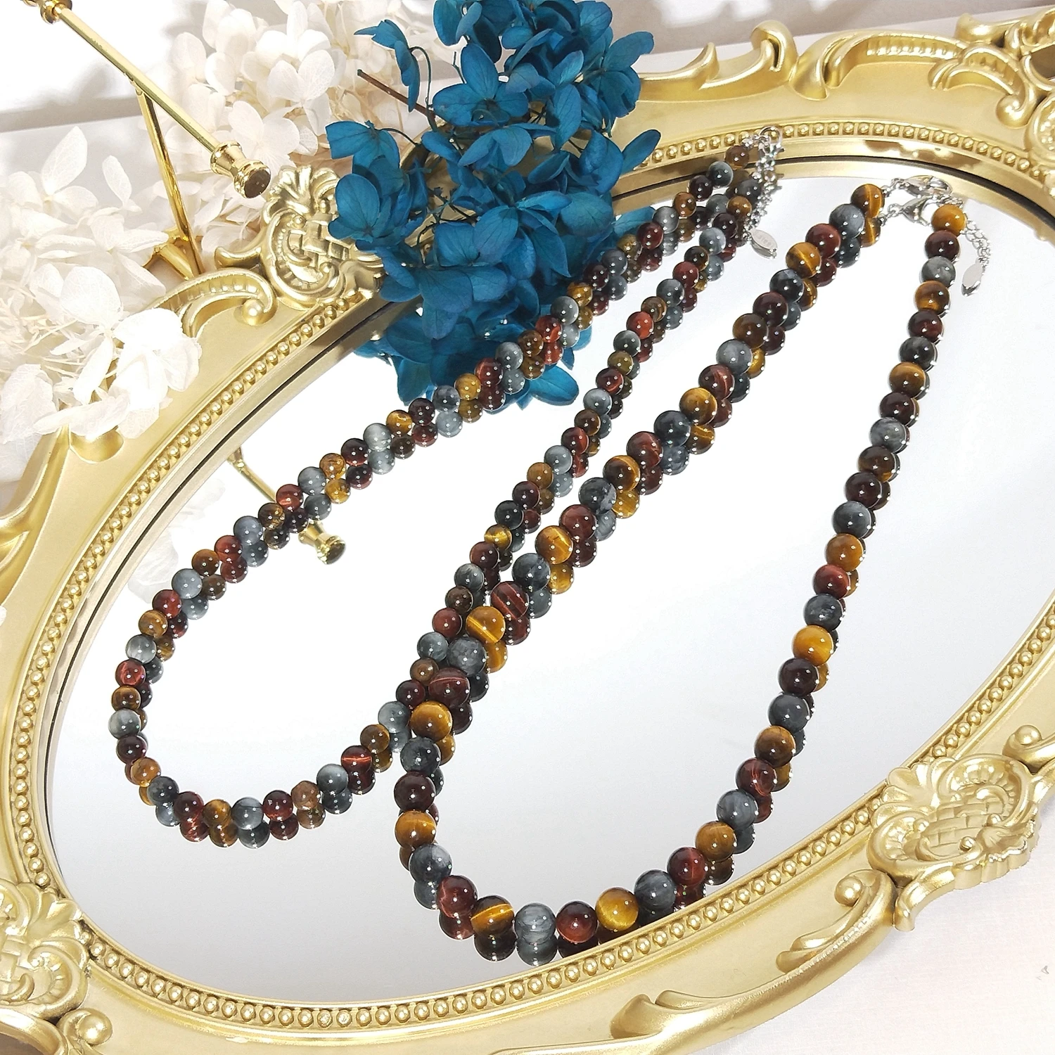 

Lii Ji 6/8 мм Ожерелье из натурального камня тигровый глаз Орлиный глаз ожерелье из нержавеющей стали 47 + 3 см модное ожерелье Bohe для мужчин и жен...