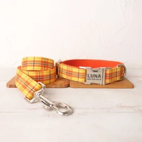 personalized pet collar free engraving custom puppy nameplate id tag adjustable buckle orange plaid collars leash set