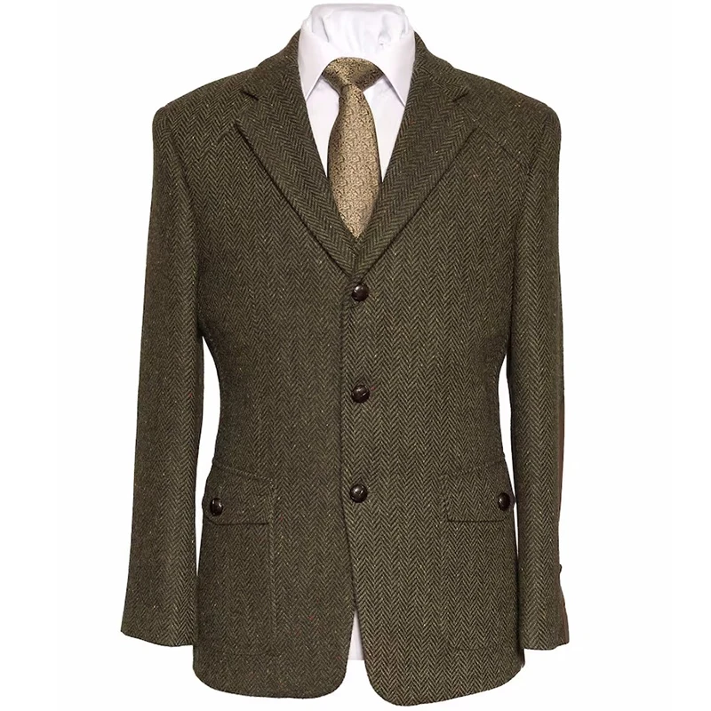 

Men's Suit Blazer Army Green Tweed Long Sleeve Retro Tooling Waistcoat Jacket Tailored Collar Herringbone Wool for Wedding Coat