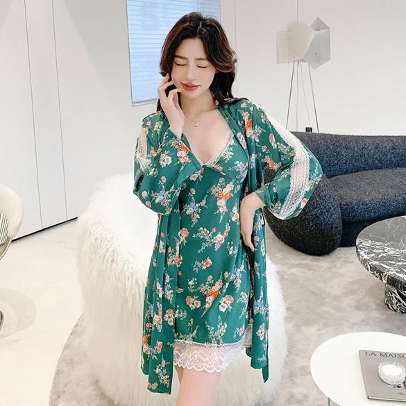 

Lace 2PCS Kimono Robe Set Women Print Flower Nightgown Bathrobe Gown Intimate Lingerie Casual Satin Sleepwear Home Clothing